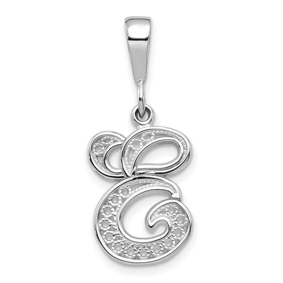 14k White Gold, Maci Collection, LG Filigree Script Initial E Pendant - Picture 1 of 4